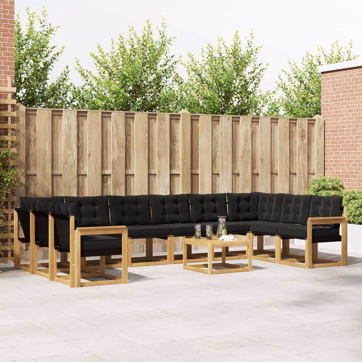 Set di divani da esterno vidaXL a forma di U composto da 11 pezzi in legno di acacia e textilene, Bianco e Nero