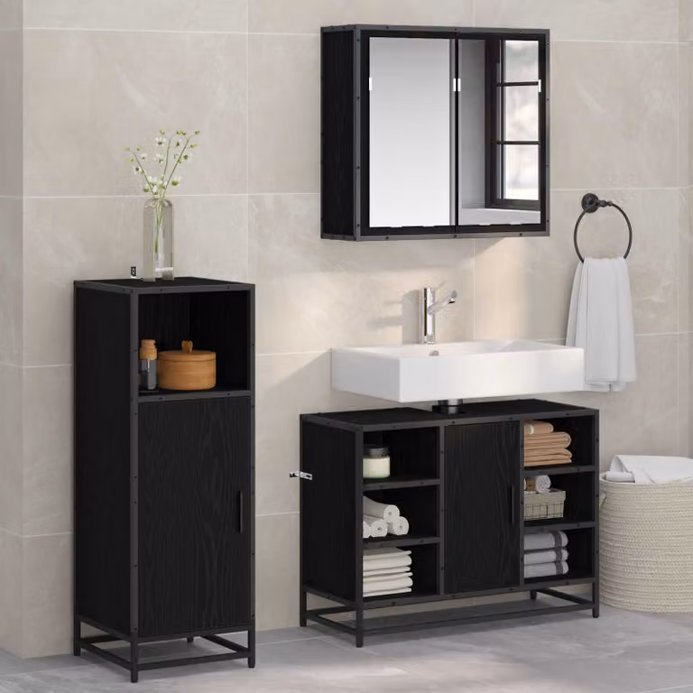 Set di mobili per il bagno moderno vidaXL in 3 pezzi, colore nero e rovere, con armadietto con specchio, mobile lavabo e mobile laterale, L/P/H: 80 x 33 x 60 cm
