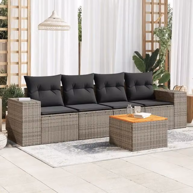 Set Divano da Giardino 5 pz con Cuscini-Sofa da Giardino-Divanetto da esterno Grigio in Polyrattan 842750
