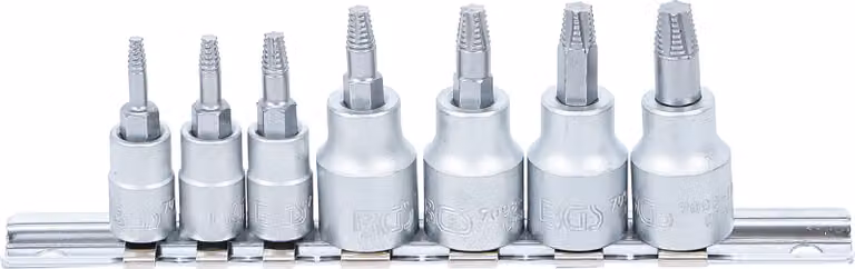 BGS Set di estrattori per viti con attacco quadro 6,3 mm (1/4") / 10 mm (3/8") per profili a T difettosi (per Torx) T10 - T40 7 pezzi - 7098