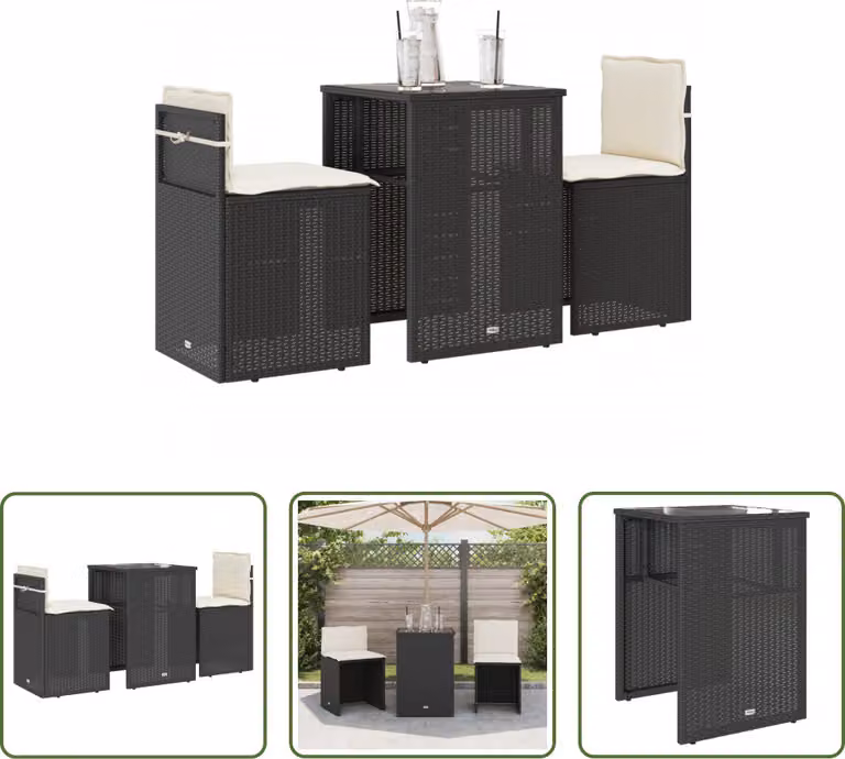 The Living Store Set bistrot 3 pezzi con cuscini in poly rattan nero