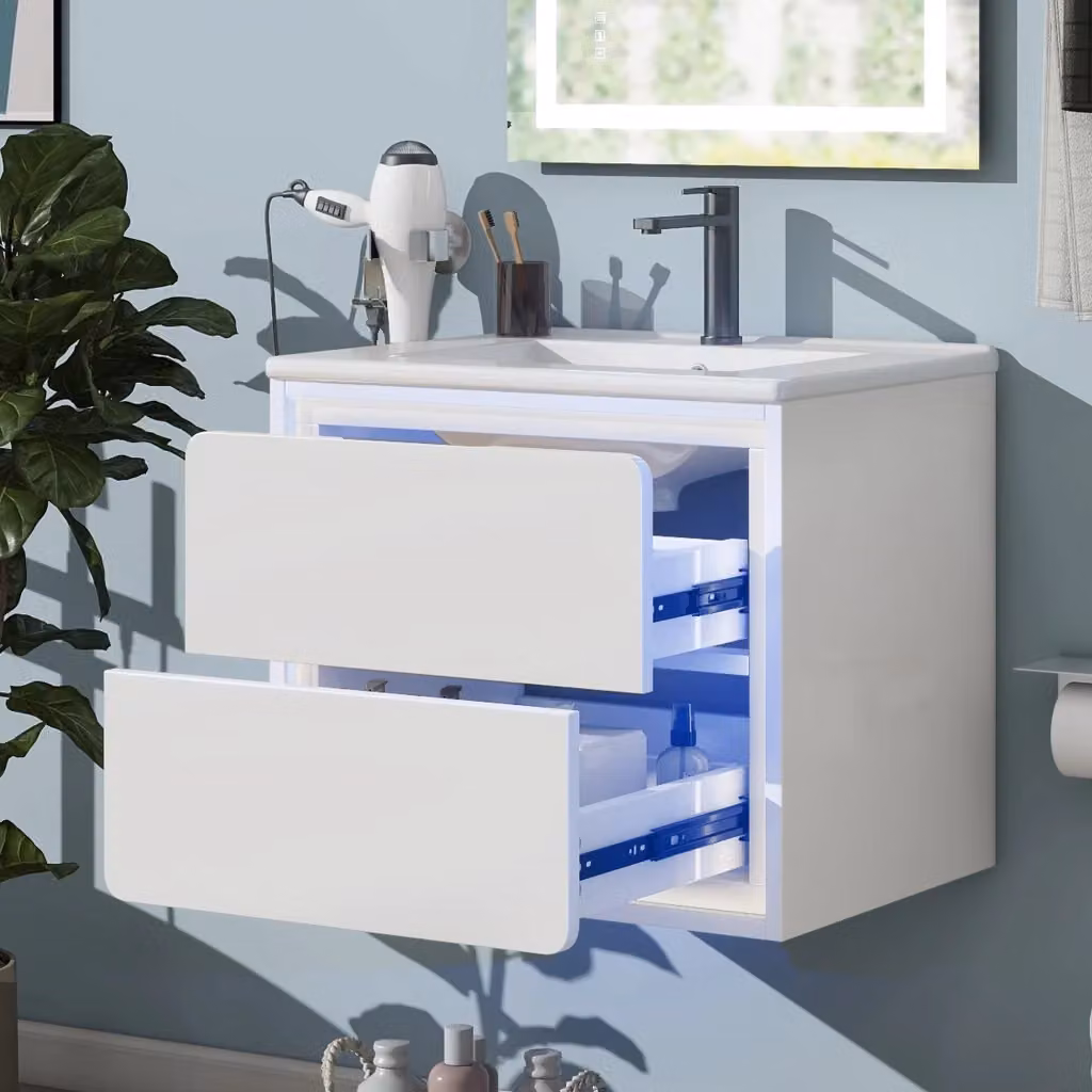 Mobile bagno sospeso WISHDOR bianco con lavabo integrato, 2 cassetti e illuminazione LED, L/P/H: 60 x 46 x 50 cm – 2