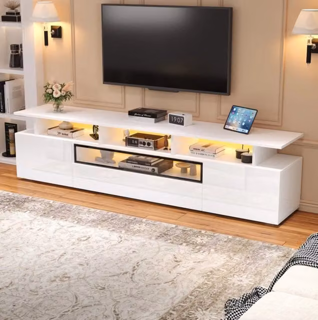 Mobile TV moderno MODFU bianco lucido con illuminazione LED integrata, L: 180 cm, P: 38 cm, H: 45 cm