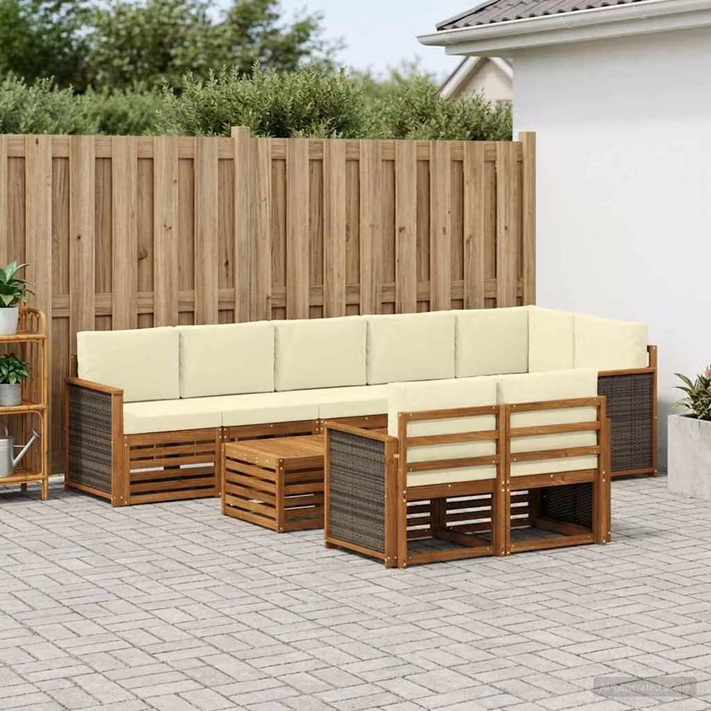 Set di divani da esterno vidaXL 8 pz in legno di acacia con cuscini, colore marrone, beige e bianco