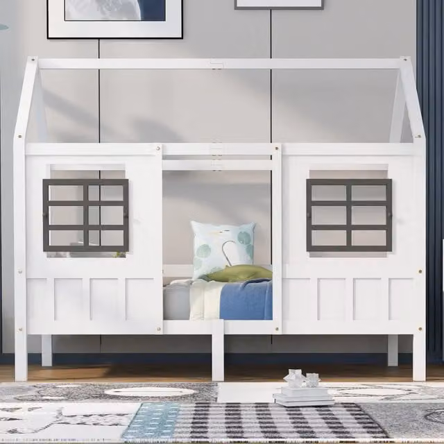 Letto a casetta per bambini con 2 finestre; protezioni laterali e doghe; pino massello e MDF; bianco; 90x200 cm