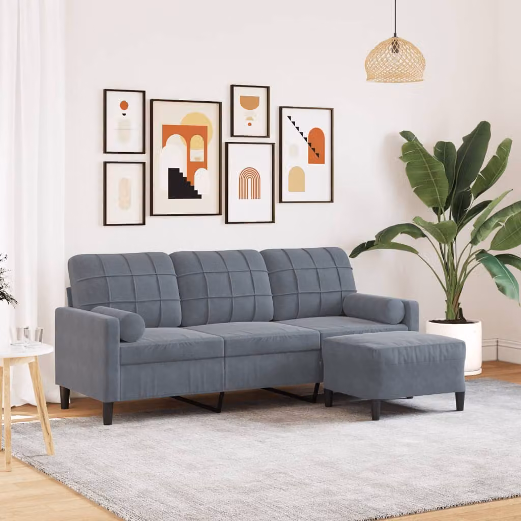vidaXL Divano a 3 Posti in Velluto Grigio con Poggiapiedi Coordinato e Struttura in Metallo e Legno – 1