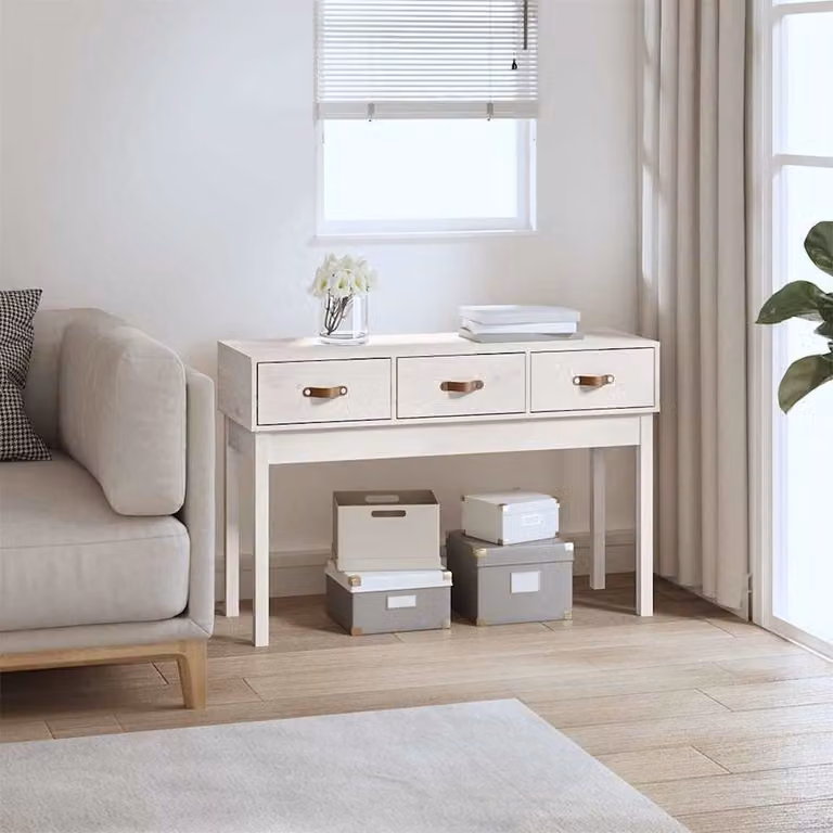 vidaXL Tavolo Consolle Bianco in Legno di Pino Massello L: 114 cm, P: 40 cm, H: 75 cm