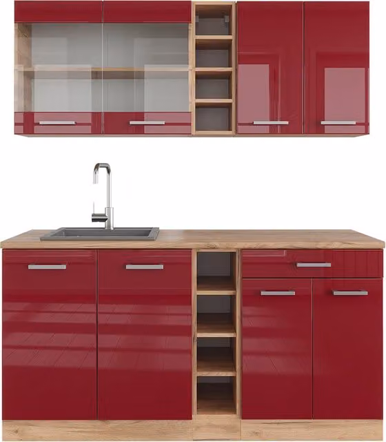 Cucina completa moderna R-Line Vicco in rosso lucido e rovere, L: 160 cm – 1