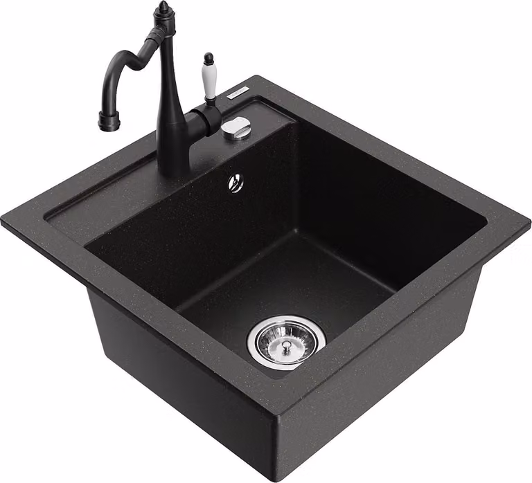 Mexen Vito lavello in granito 1-vasca con rubinetto da cucina Carla, nero/oro metallizzato - 6503-75-670700-70