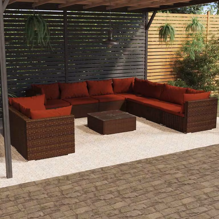 Set di divani da giardino vidaXL 10 pezzi con tavolo da caffè e cuscini marroni in rattan e metallo