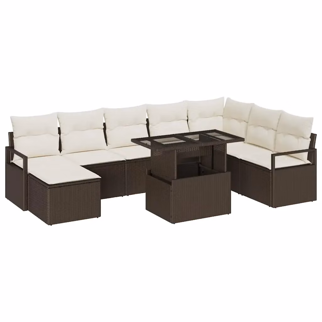 vidaXL Set Divano da Giardino 9 pz in Polyrattan Marrone e Beige con Cuscini e Tavolino – 2