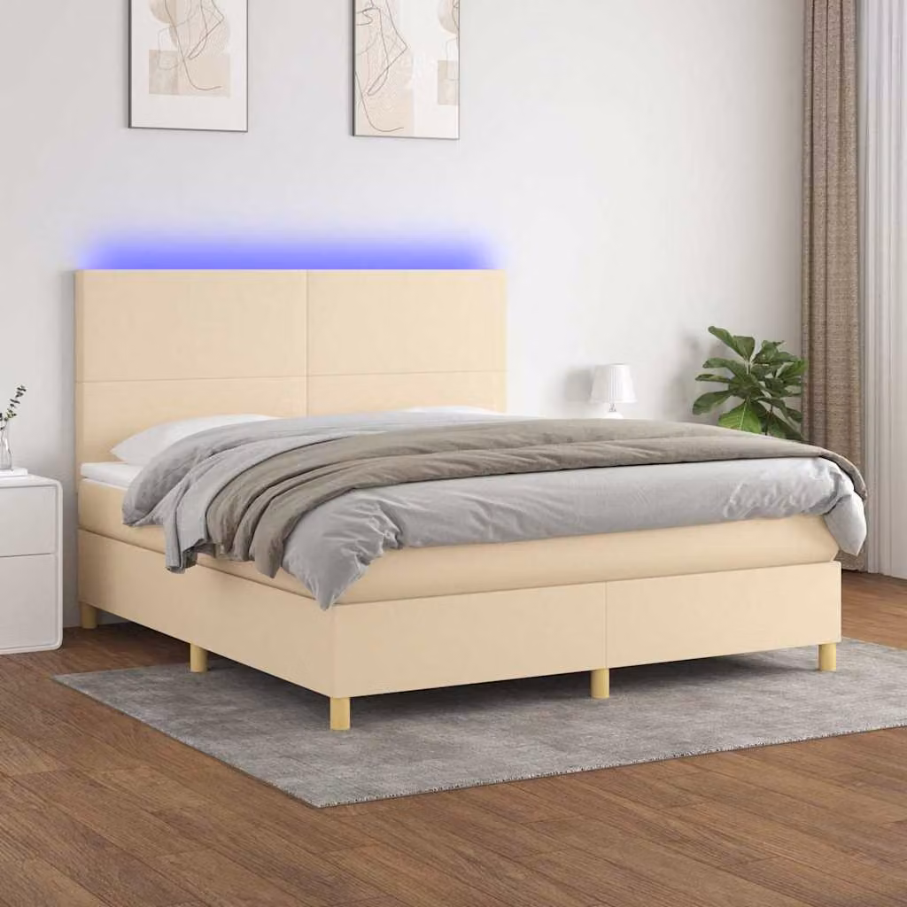 Letto a molle con materasso e illuminazione LED vidaXL in tessuto beige e bianco, L/P: 160 x 200 cm