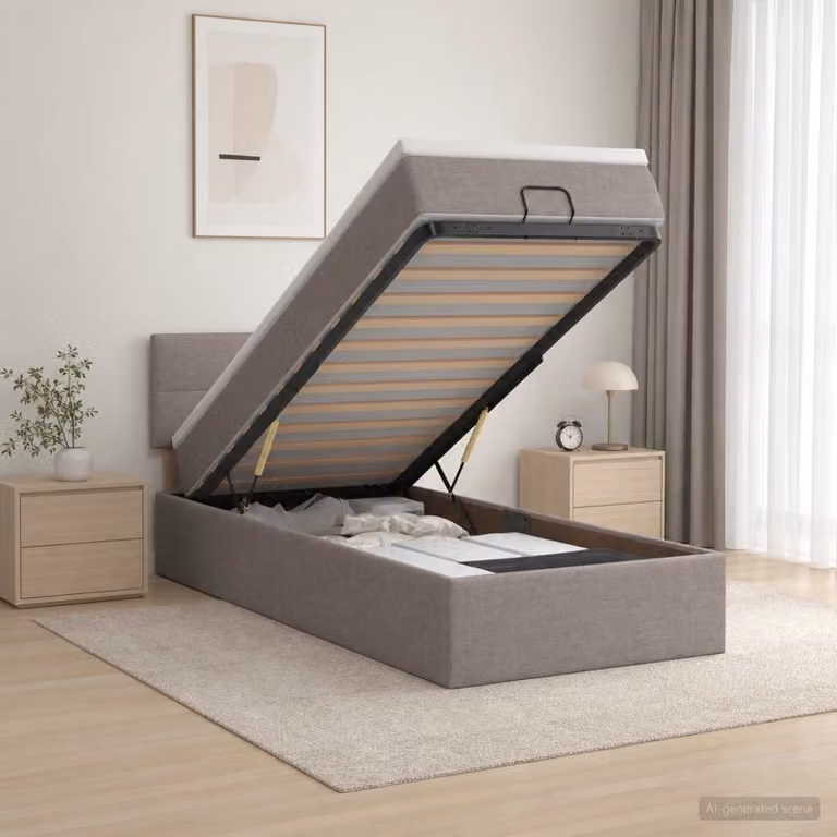 Letto ottomano con materasso vidaXL in tessuto beige e grigio, base a sollevamento, L/P/H: 90 x 190 x 140 cm