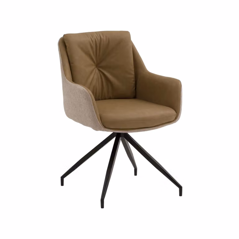 Set di poltroncine girevoli WATSON in similpelle marrone, tessuto beige e gambe in metallo nero, con braccioli