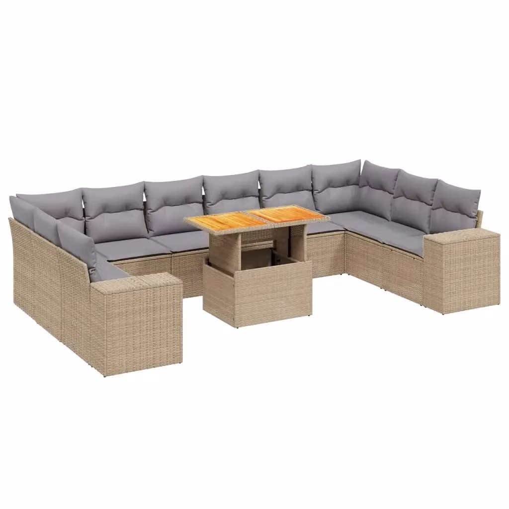 vidaXL Set Divani da Giardino a L 11 pz con Cuscini Beige e Grigio in Polyrattan e Legno di Acacia – 2