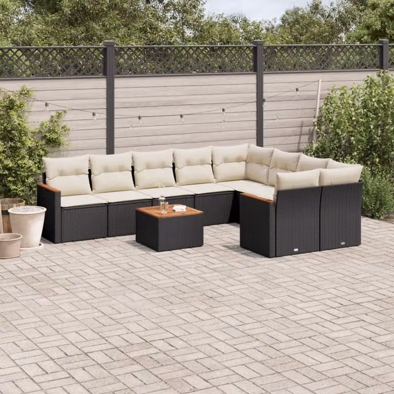 vidaXL Set Divani da Giardino 10 Pezzi in Polyrattan con Cuscini e Tavolino da Esterno Nero e Bianco