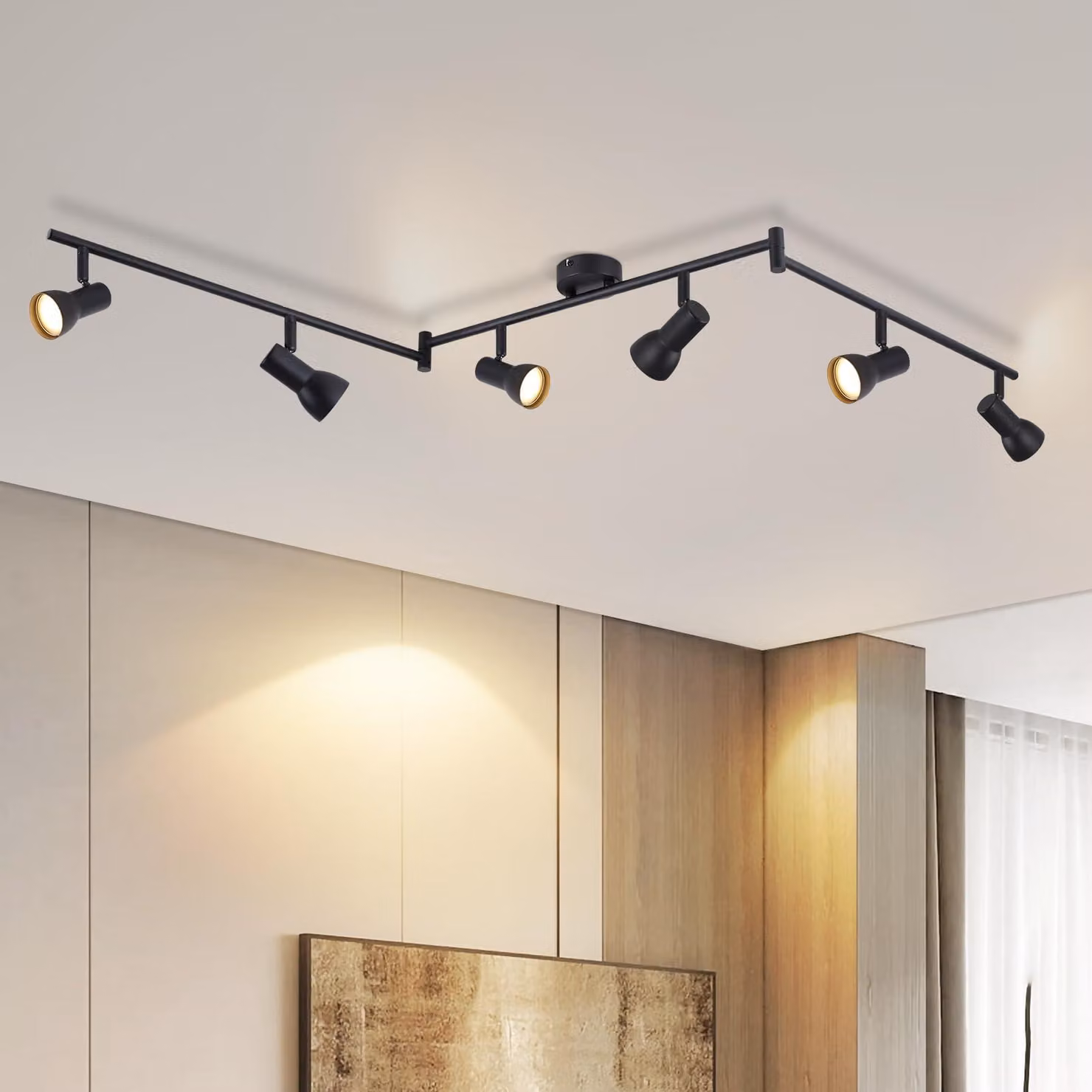 Lampada a soffitto a 6 luci, colore nero, attacco GU10, orientabile a 350°, design moderno
