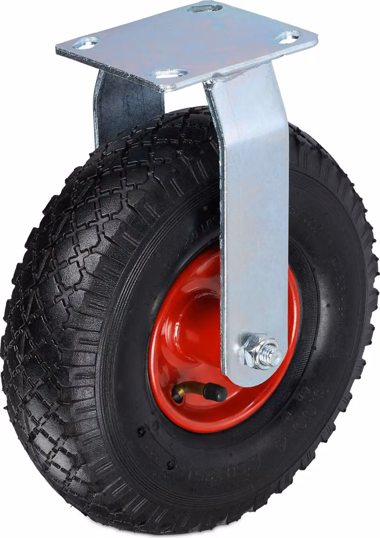 Ruota girevole Relaxdays, 3,00-4, portata 120 kg, gomma, piastra in acciaio, pneumatica, ruota per carichi pesanti, ruota in gomma, nero/rosso