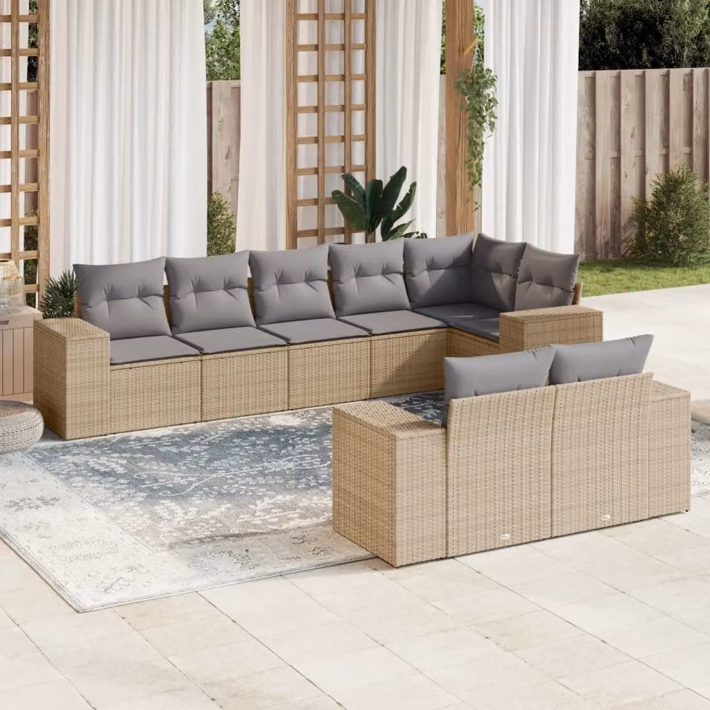 vidaXL Set Divano da Giardino 8 pz a L con Cuscini Beige e Grigio in Polyrattan e Acciaio – 1