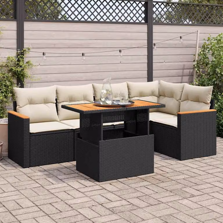 Set Divano da Giardino vidaXL a Forma di L in Polyrattan e Legno di Acacia con 6 Pezzi, Cuscini Inclusi e Tavolino, Nero e Bianco