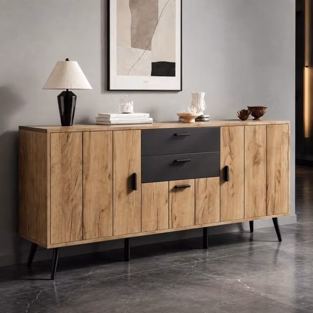 Sideboard in MDF 140x35x67 cm con 2 Cassetti e 3 Ante Nero e Legno per Soggiorno e Sala da Pranzo