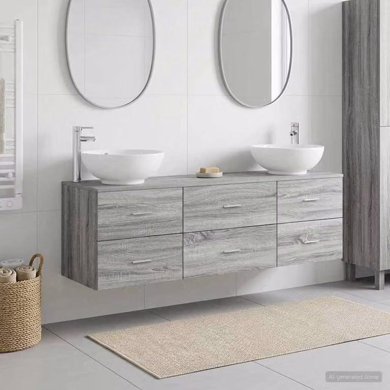 Set di mobili per il bagno moderno vidaXL in 3 pezzi color grigio e argento, composto da mobile lavabo e armadietto laterale, L/P/H: 161,0 x 40,65 x 80,0 cm