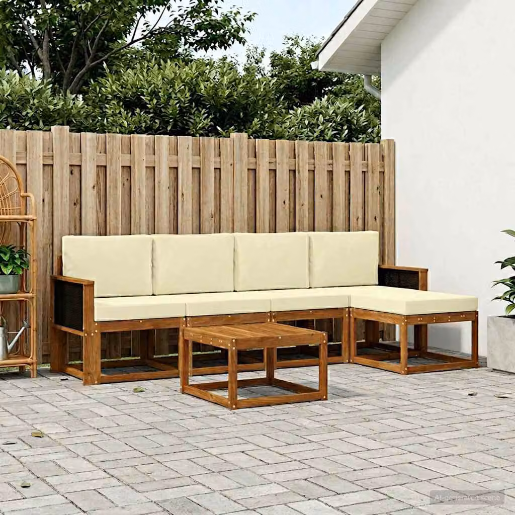 vidaXL Set di divani da esterno a L composto da 6 pezzi in legno di acacia con cuscini beige e bianco
