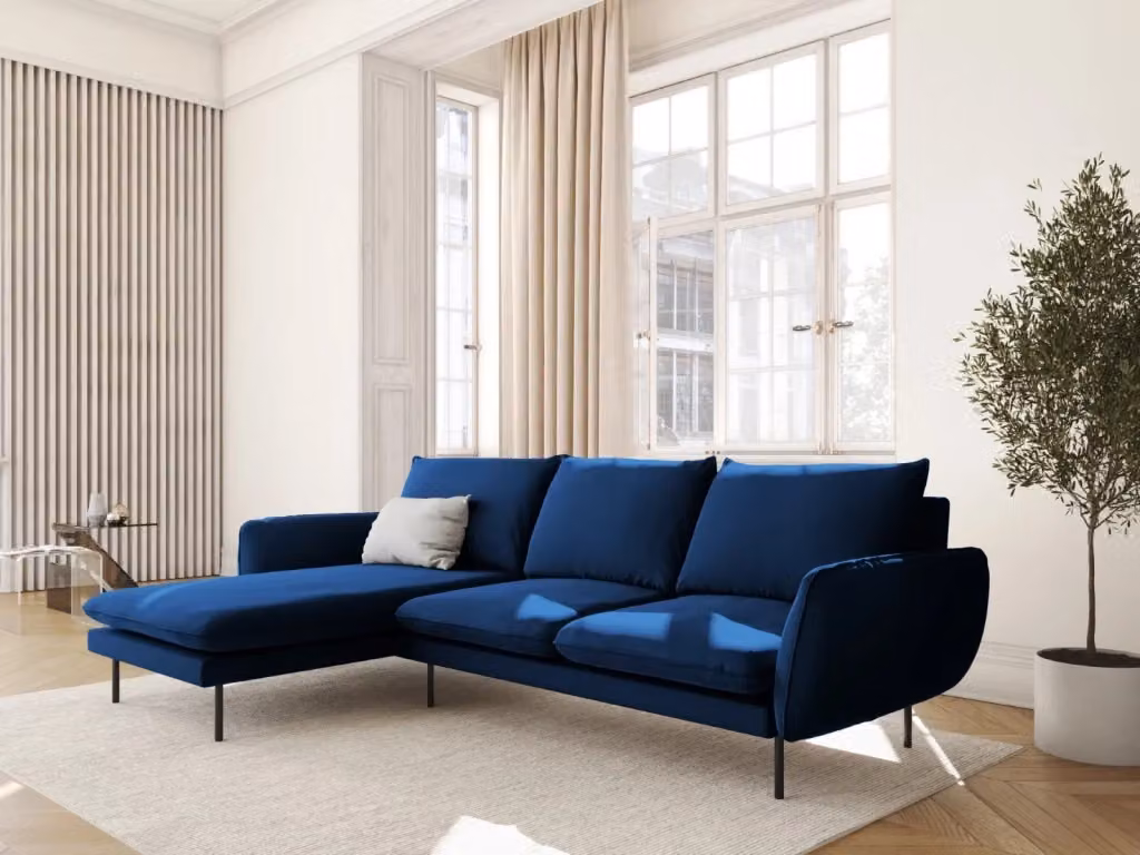 Divano angolare sinistro Vienna di Cosmopolitan Design in velluto blu reale da 5 posti con struttura in metallo L/P/H: 255 x 170 x 95 cm – 2