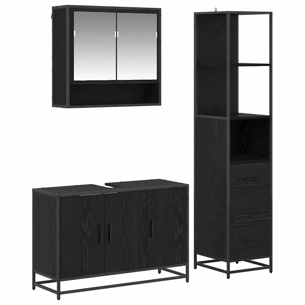 Set di mobili per il bagno moderno vidaXL in 3 pezzi color rovere e nero con armadietto a specchio, mobile lavabo e colonna alta, L/P/H: 65,5 x 33 x 166 cm – 2