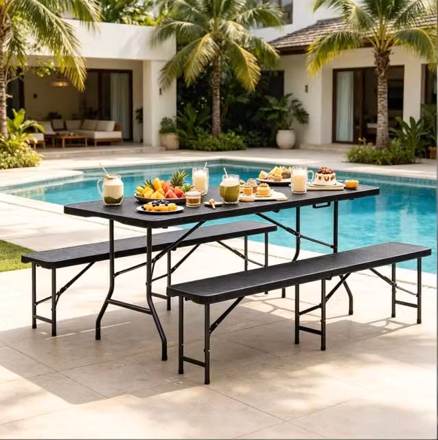 Set birreria pieghevole con tavolo e 2 panche in HDPE nero