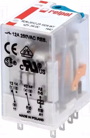 1 relè: elettromagnetico, 12A/250VAC, bobina: 24VDC, 24A, modello R2N-2012-23-1024-WT