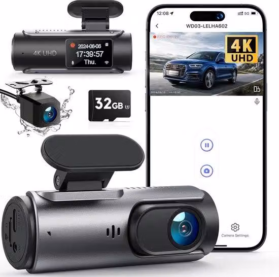 Telecamera di sicurezza automatica per veicoli - Telecamera di sicurezza doppia - Telecamera wireless per veicoli - Telecamera di sorveglianza per veicoli con Wi-Fi e vista posteriore