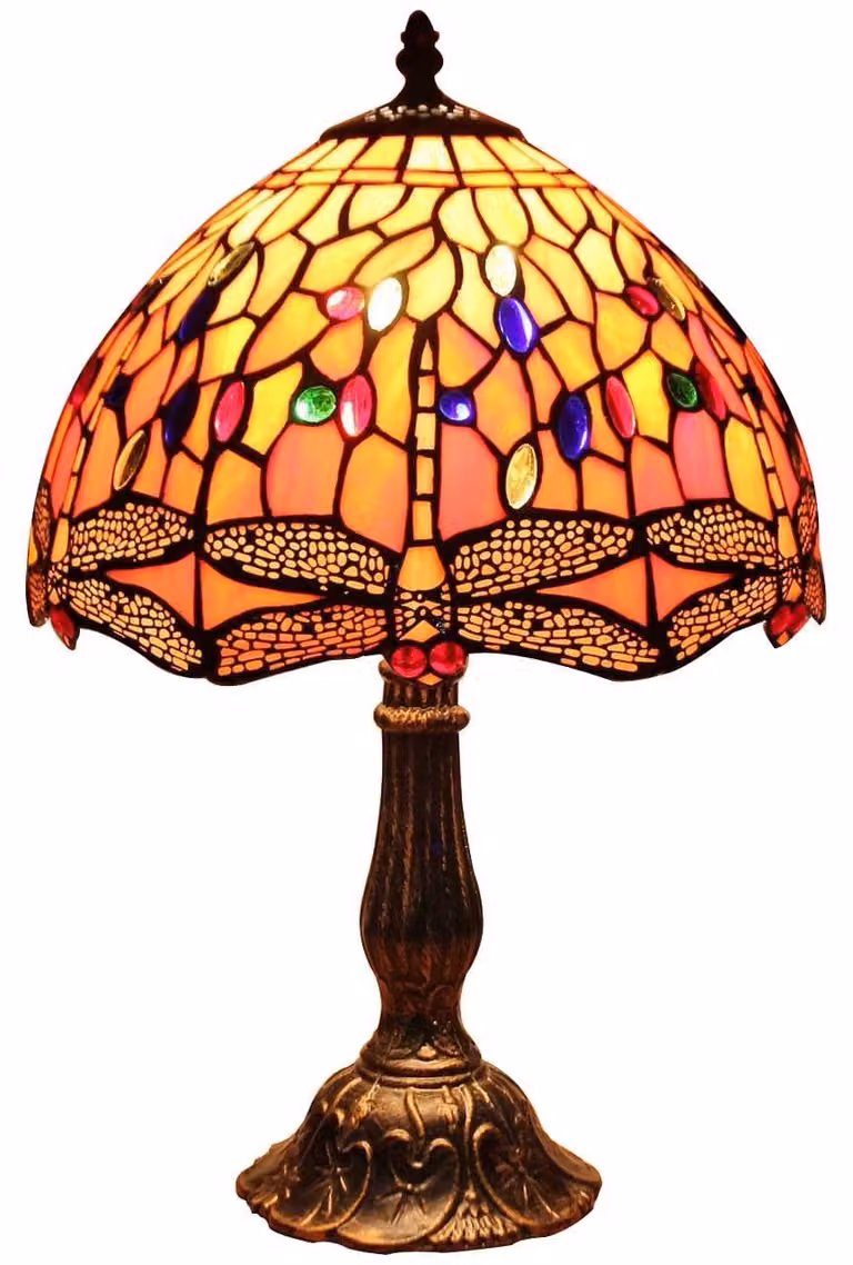 Lampada da tavolo stile Tiffany - Vetro piombato - Arancione - 30,5 x 45,7 cm - 6 libellule