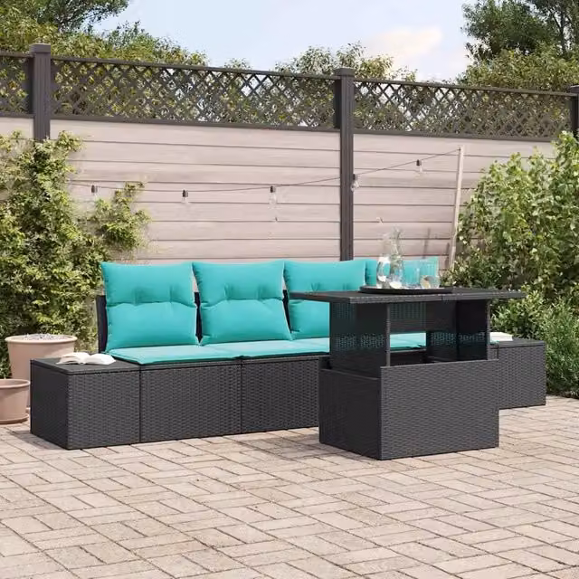 Set di divani 5 pz 4-Numero di posti Nero e Blu polyrattan 3349092