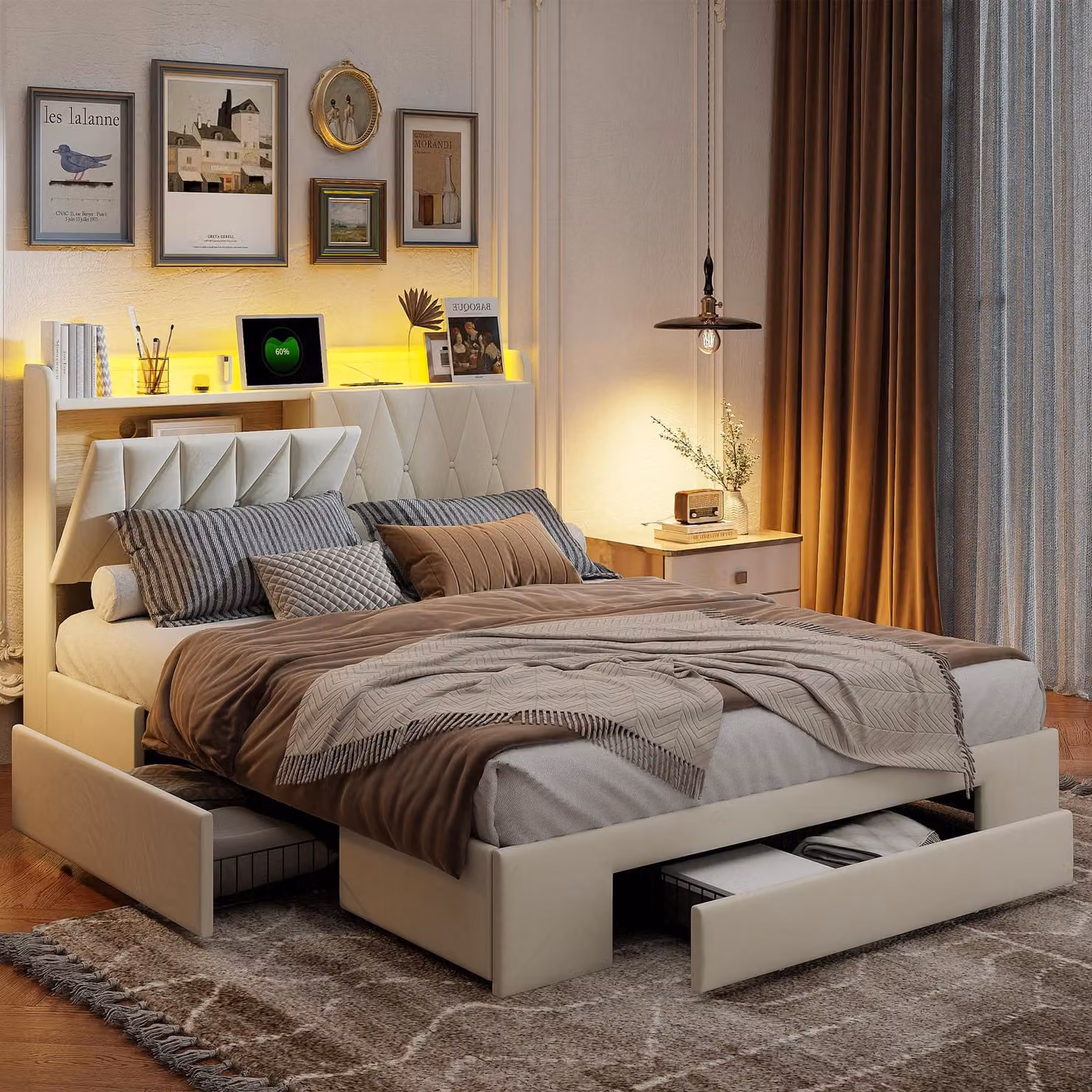 UnboxG Letto matrimoniale in velluto beige 140x190 cm con 3 cassetti, illuminazione LED RGB e funzione di ricarica USB - letto imbottito con contenitore e testiera moderna