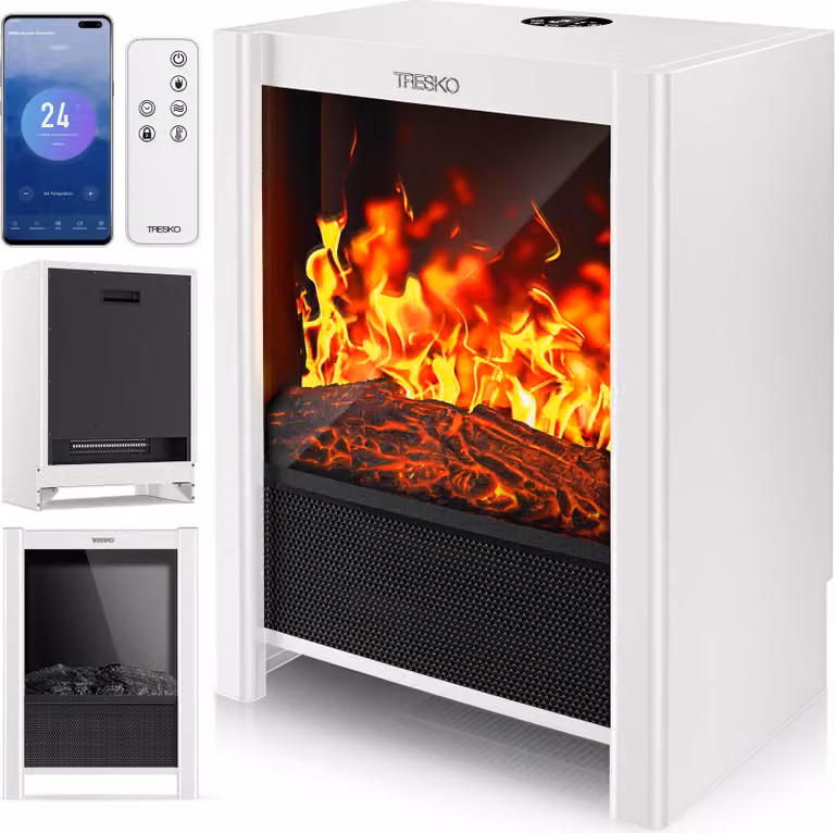 TRESKO® Caminetto elettrico con riscaldamento e telecomando 2000W, app WiFi | caminetto elettrico con effetto fiamma LED e display LCD | caminetto con termostato, timer | stufa elettrica a legna da appoggio per caminetto con termoventilatore