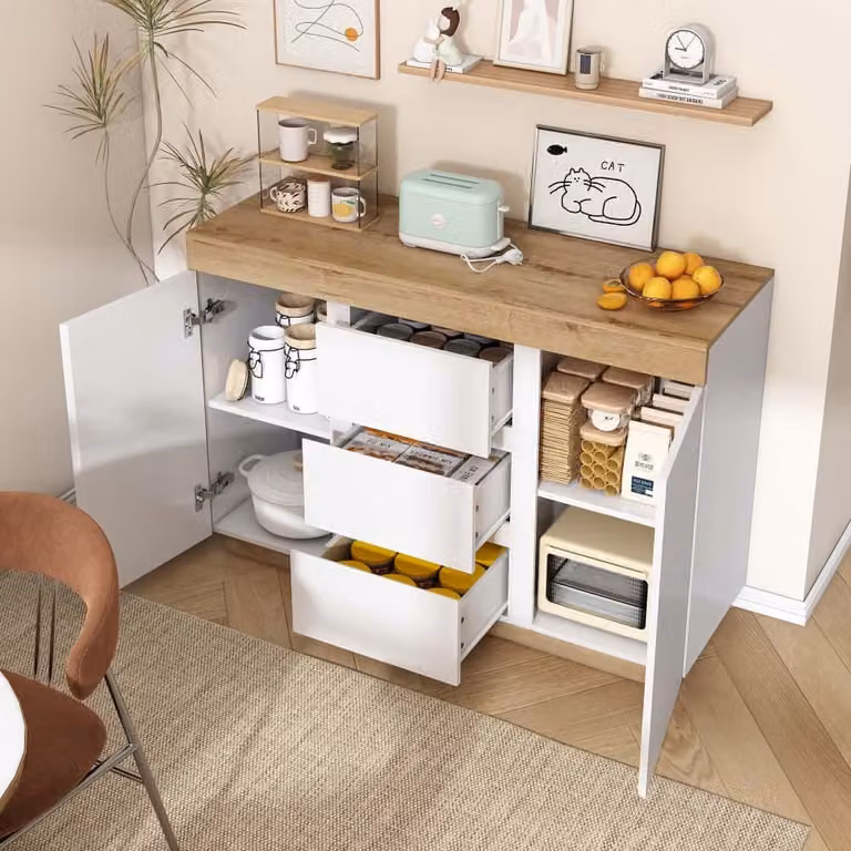 Cassettiera AIORBER, con 3 cassetti e 2 ante, in truciolato E1, struttura robusta, 90 x 40 x 75 cm, design classico, per camera da letto e soggiorno, bianco