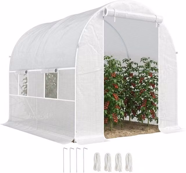 Serra tunnel da giardino Xylo con porta e 4 finestre, struttura in metallo e copertura PE 140g/m2, bianco, L/P/H: 245 x 200 x 200 cm