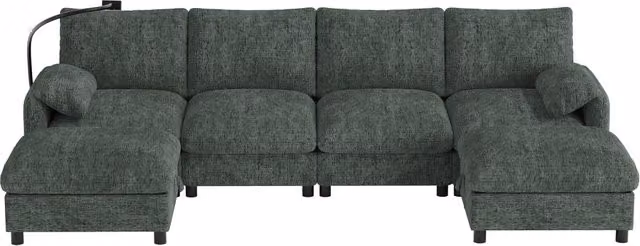 Divano modulare ad angolo a U/L da 6 posti con pouf contenitore, porte USB e Type-C, supporto per cellulare e braccioli imbottiti in tessuto chenille verde
