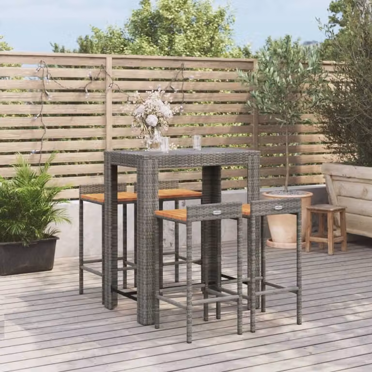 The Living Store Set bar da giardino 5 pz. Set bar da giardino in poly rattan grigio e legno massiccio di acacia