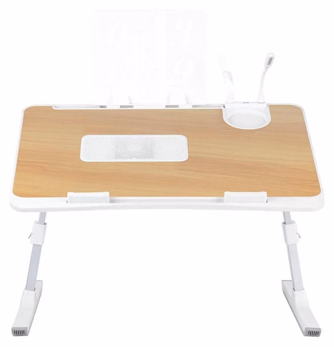 Tavolino laterale pieghevole, tavolino per laptop inclinabile con ventola, cassetto USB, altezza regolabile, 60x40x26-39 cm, noce