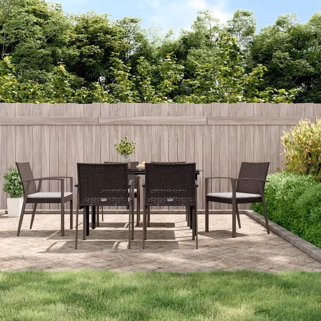 Set da giardino vidaXL composto da 7 pezzi in polyrattan con tavolo rettangolare in vetro e cuscini