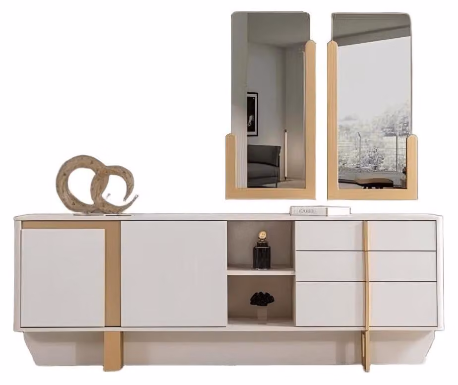 Comodino in stile moderno, colore beige, struttura in legno, design minimalista