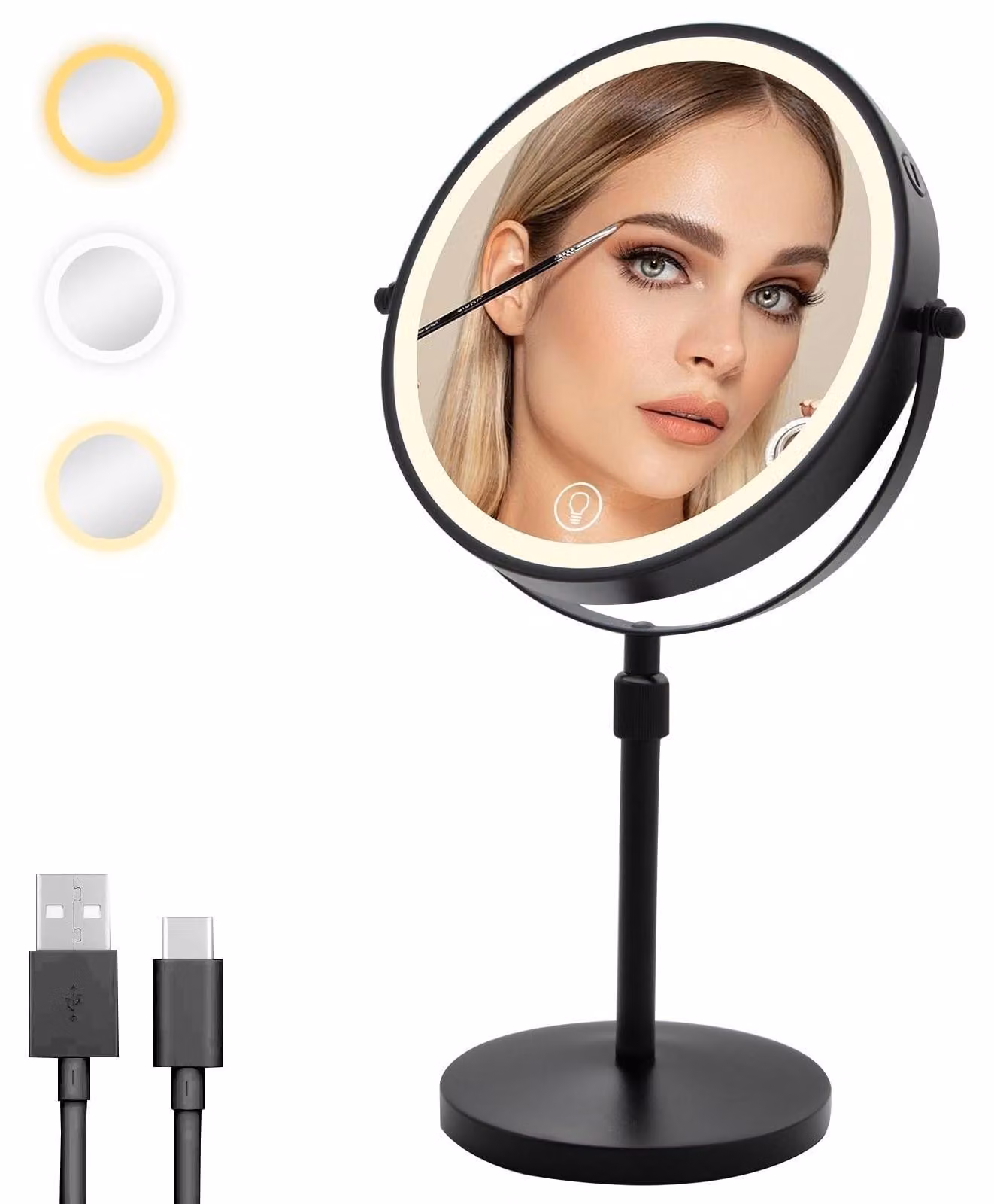 Specchio da trucco con luce - Doppia faccia 1x/10x - Altezza regolabile 33-40 cm - Argento