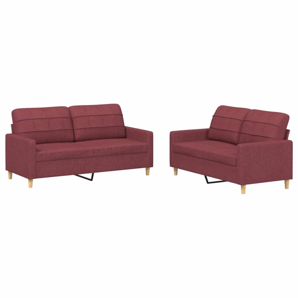Set di Divani 2 pz con Cuscini Rosso Vino in Tessuto