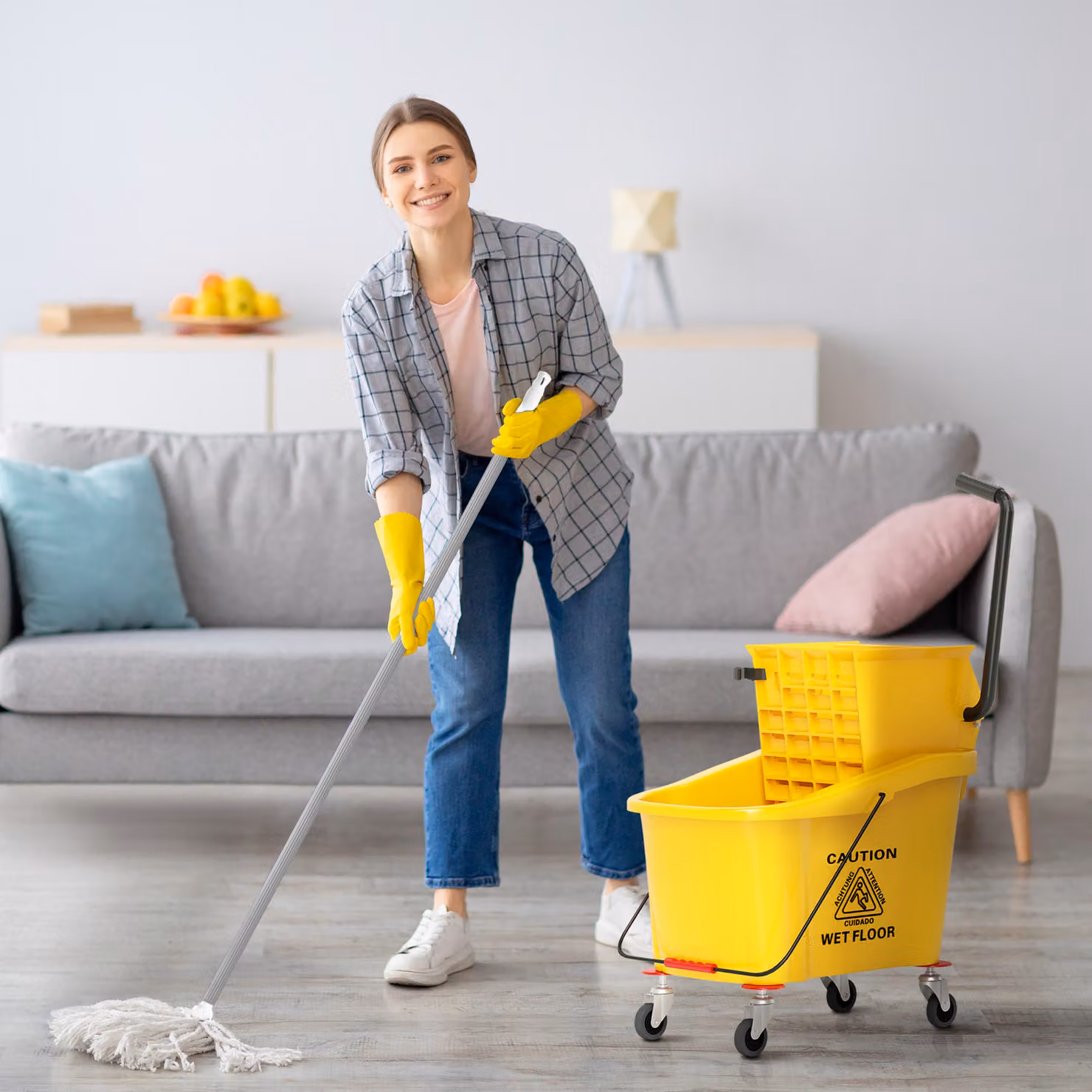 HOMCOM Secchio Lavapavimenti Professionale con Mocio e Strizzatore, Giallo, L/P/H: 55 x 37 x 65 cm – 2