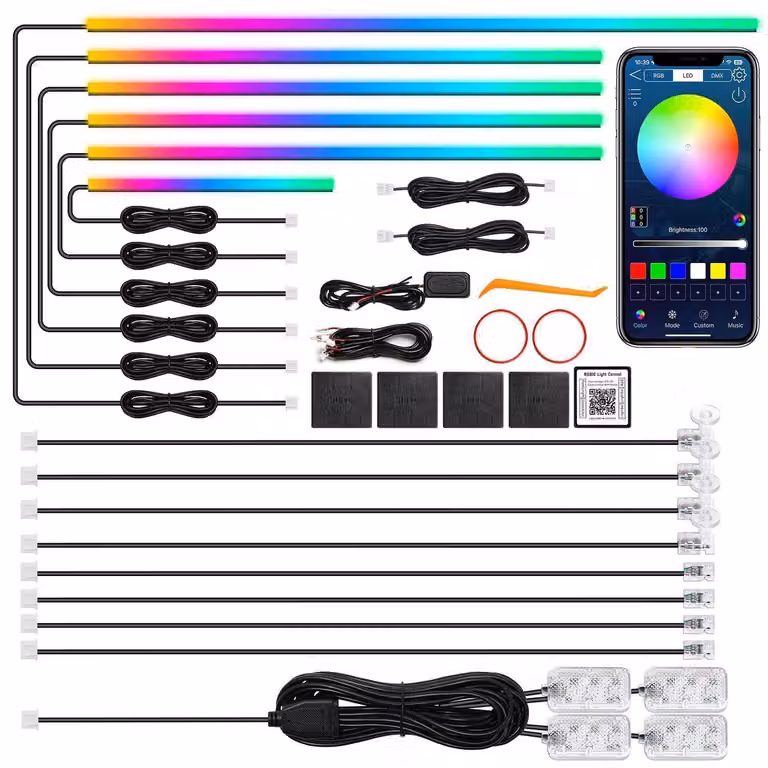 Illuminazione ambientale a LED per auto, interni RGB, 18 modalità, controllo tramite app e sincronizzazione con la musica, 612 LED, 175 pollici, doppia zona, strisce luminose al neon
