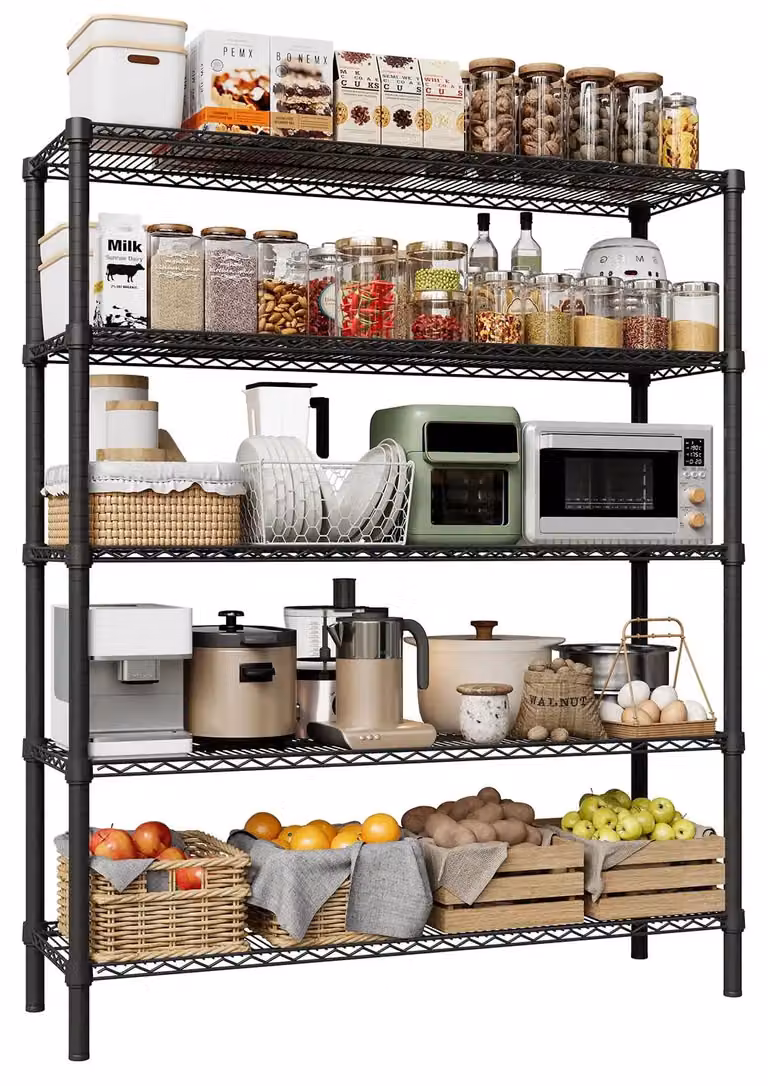 Scaffale metallico a 5 ripiani - Scaffale autoportante - Struttura in acciaio resistente - Ripiani in filo regolabili con piedini livellanti - Ideale per garage, cucina, dispensa