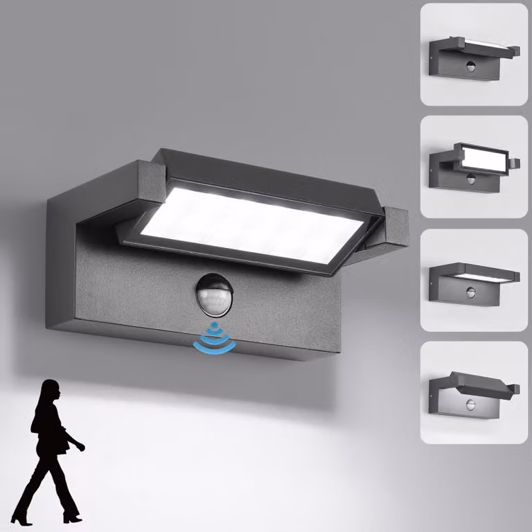 Lampada da parete a LED da 22 W con sensore di movimento, grado di protezione IP65, temperatura di colore 6500 K, colore grigio scuro