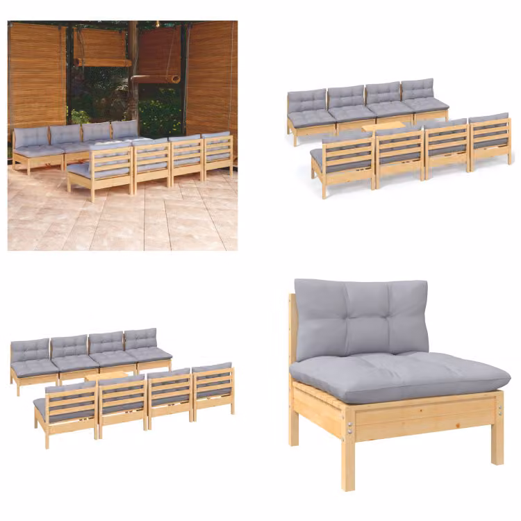 vidaXL Set salotto da giardino 9 pezzi con cuscini grigi in pino massiccio - Set salotto da giardino - Set salotto da giardino - Set mobili da giardino - Set mobili da giardino